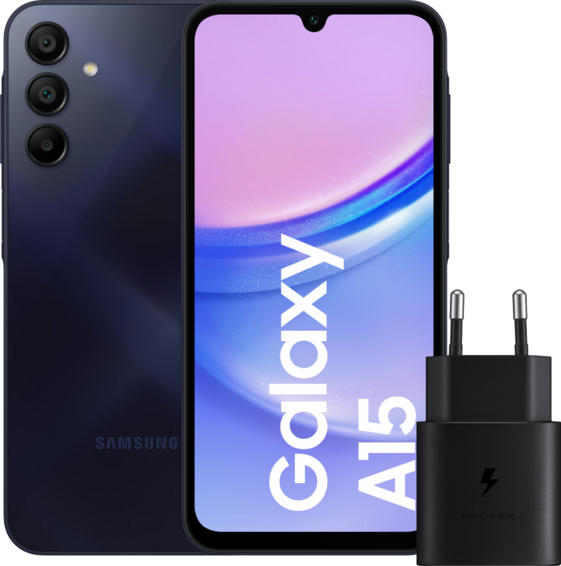 Samsung Galaxy A15 128GB Donkerblauw 5G + Samsung Oplader 25 Watt Zwart