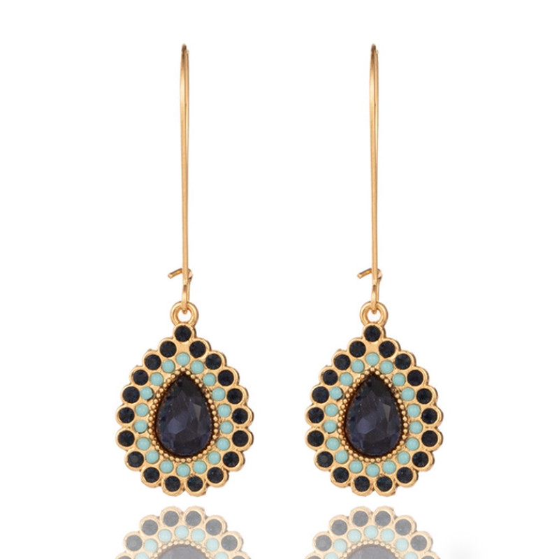 Deja Jewels Etnische Goudkleurige Oorbellen met Blauwe en Zwarte Stenen Druppelhangers
