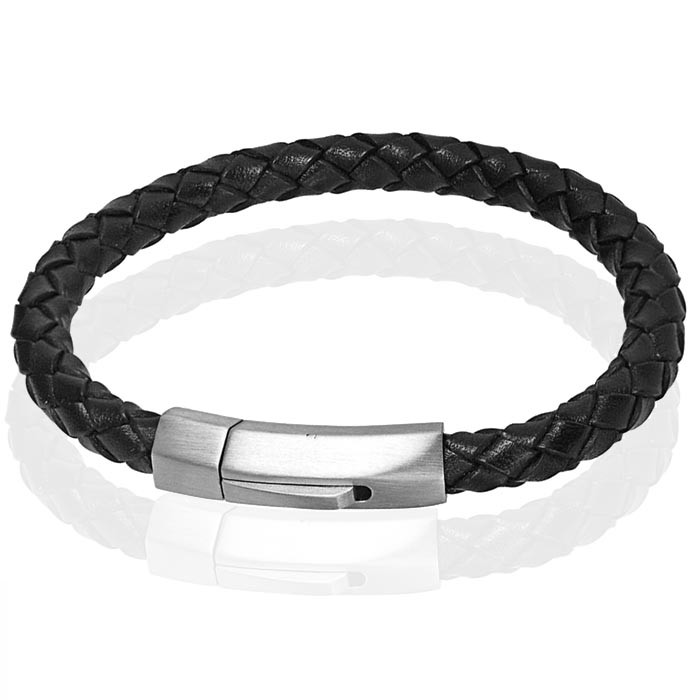 Leren armband Heren Edelstaal LGT Jewels Zilverkleurig Zwart - 19cm