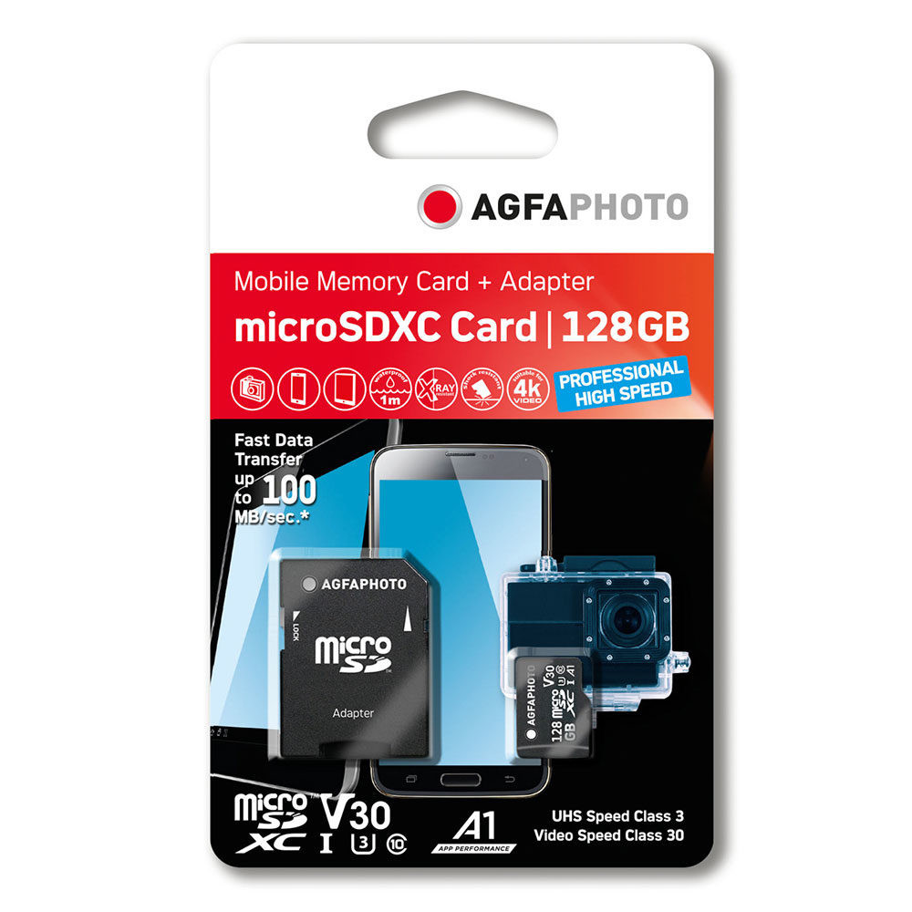 AgfaPhoto Mobile MicroSDXC 128GB Professional High Speed UHS-I U3 V30 A1