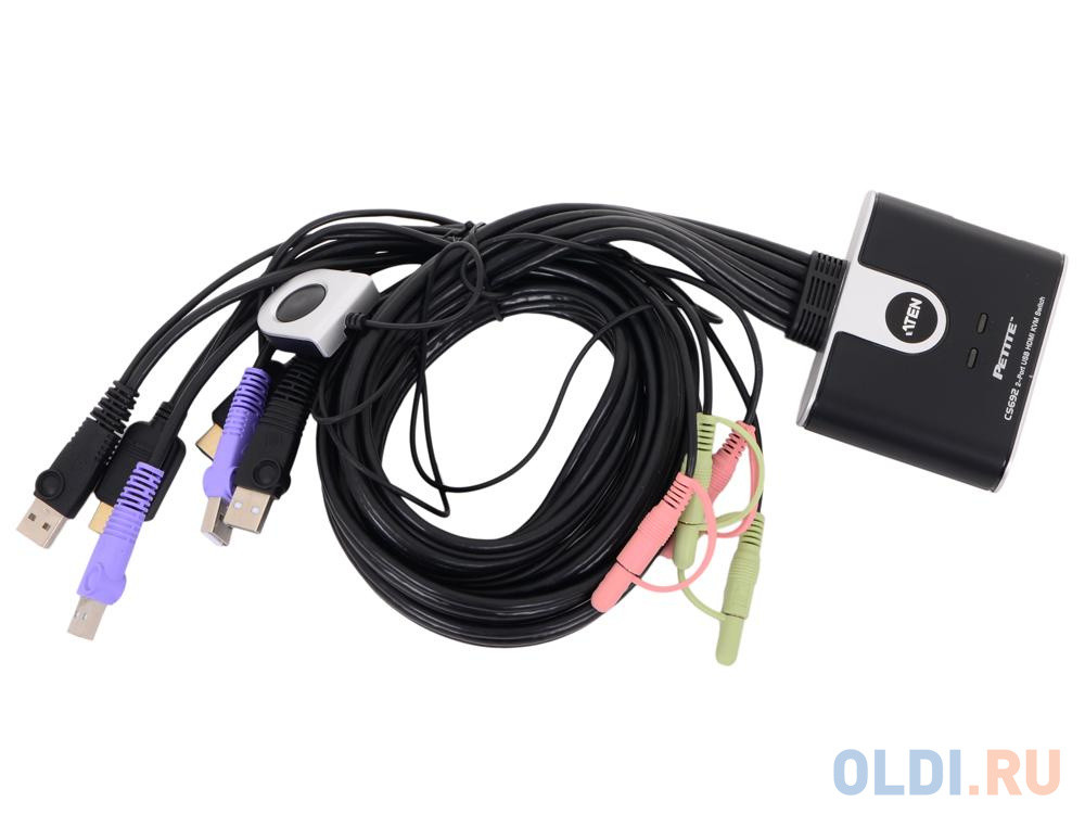 Переключатель KVM ATEN (CS692-AT) KVM+Audio,  1 user USB+HDMI =&gt;  2 cpu USB+HDMI, со встр.шнурами USB+Audio 2x1.2м., 1920x1200, настол., исп.станда