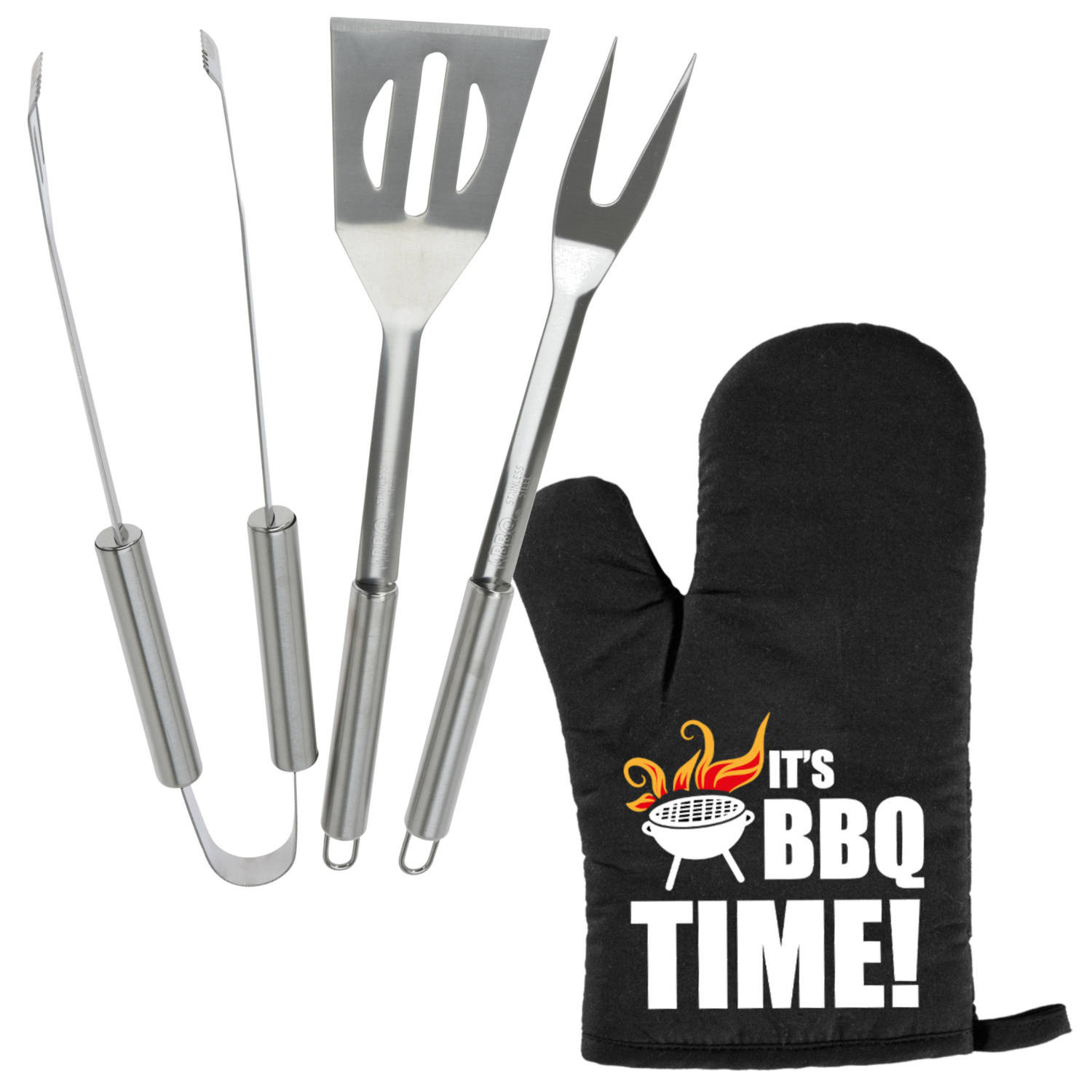 BBQ/barbecue gereedschap set 3-delig RVS met BBQ handschoen It&apos;s BBQ Time! - Barbecuegereedschapset