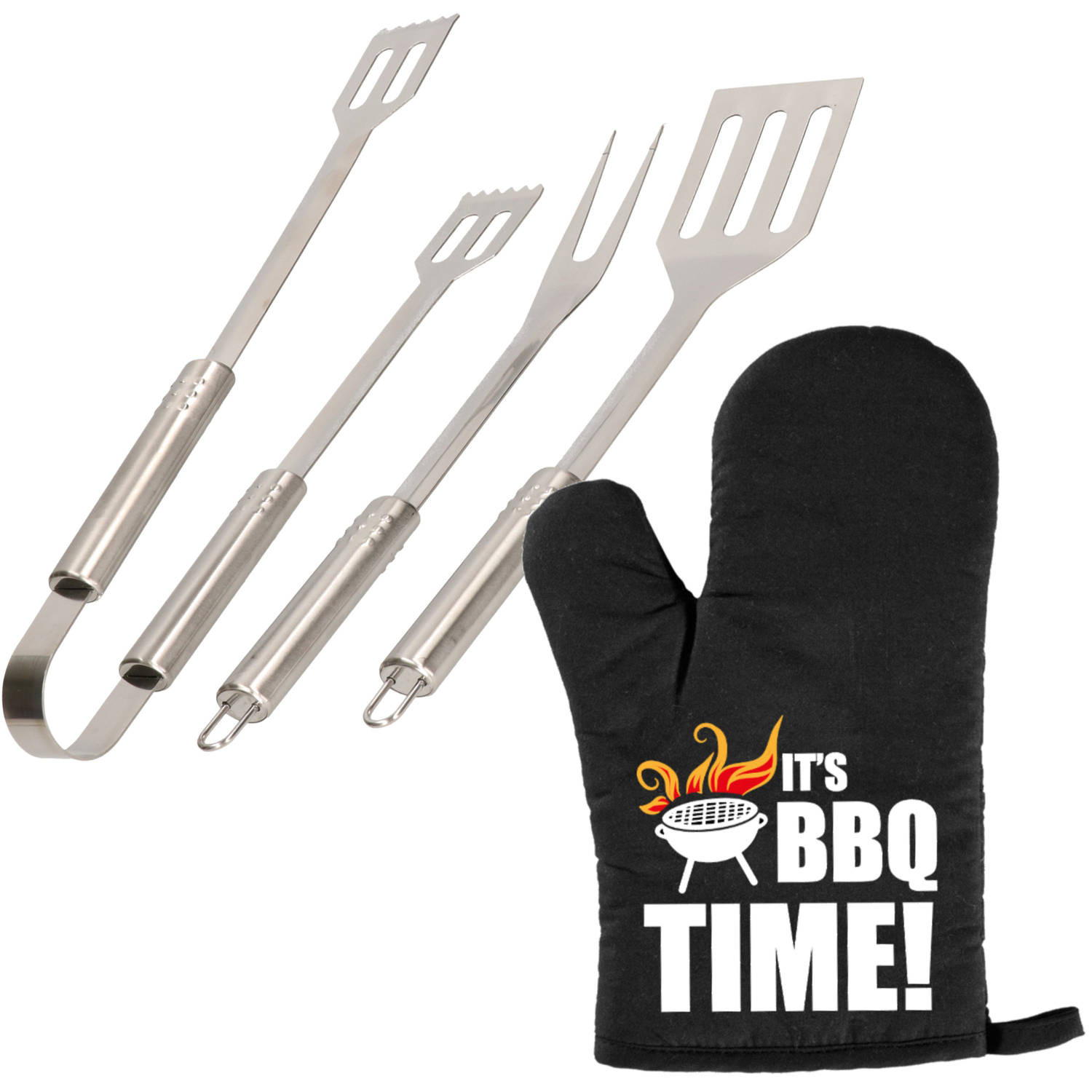Barbecue/bbq gereedschap 3-delige set 33 cm van RVS met BBQ handschoen It&apos;s BBQ Time! - Barbecuegereedschapset