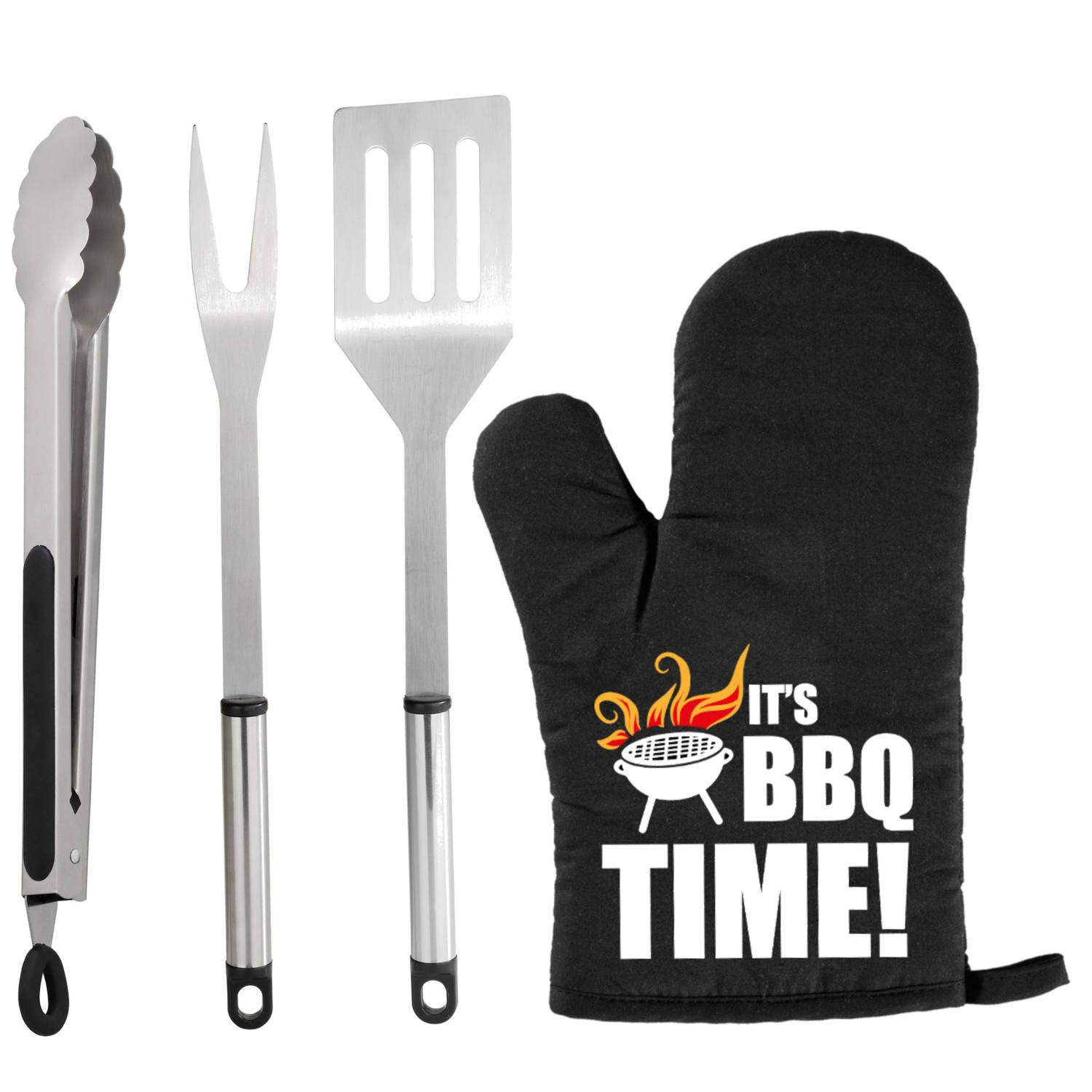 BBQ/barbecue gereedschap set 3-delig RVS met BBQ handschoen It&apos;s BBQ Time! - Barbecuegereedschapset