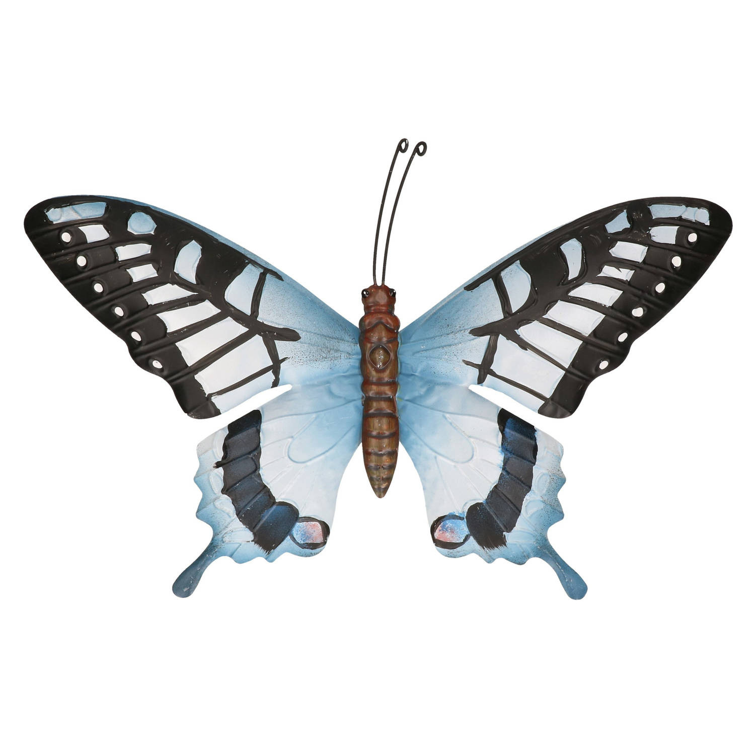 Tuindecoratie grijsblauw/zwarte vlinder 35 cm - Tuinbeelden