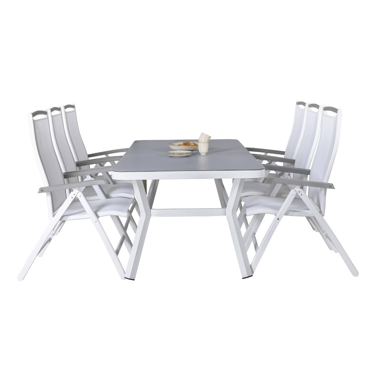 Virya tuinmeubelset tafel 100x200cm en 6 stoel 5posalu Albany wit, grijs.