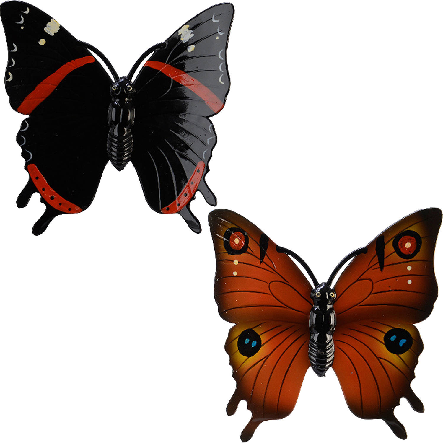 2x stuks tuin decoratie vlinders - kunststof - oranje - zwart - 24 x 24 cm - Tuinbeelden