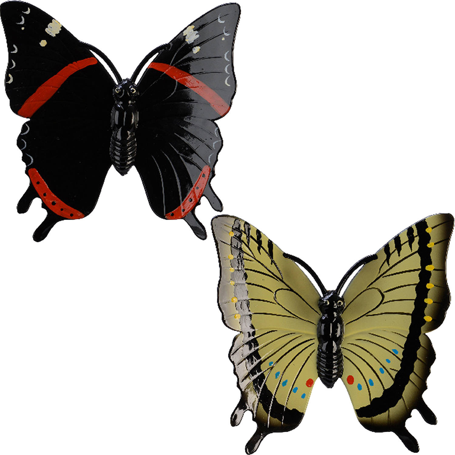 2x stuks tuin decoratie vlinders - kunststof - geel - zwart - 24 x 24 cm - Tuinbeelden