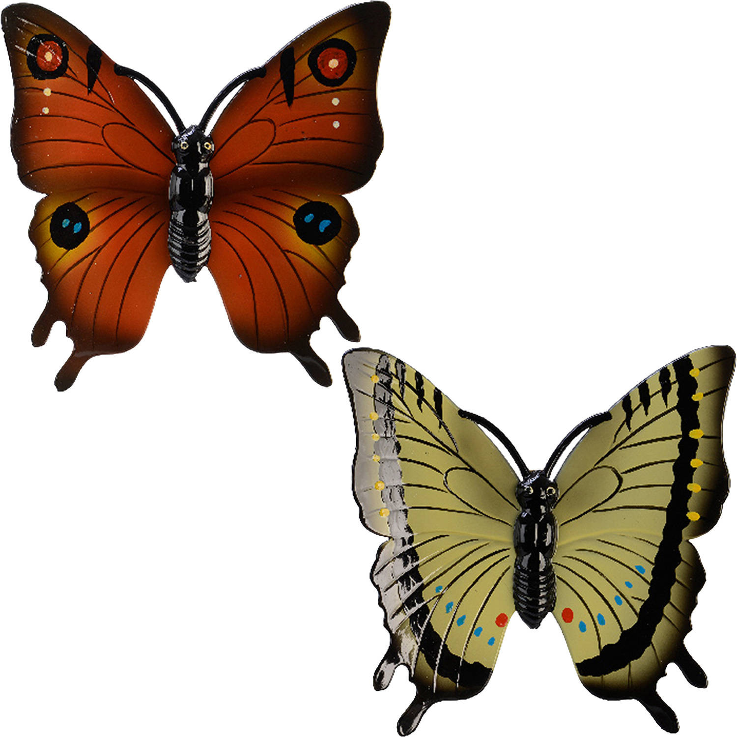 2x stuks tuin decoratie vlinders - kunststof - geel - oranje - 24 x 24 cm - Tuinbeelden