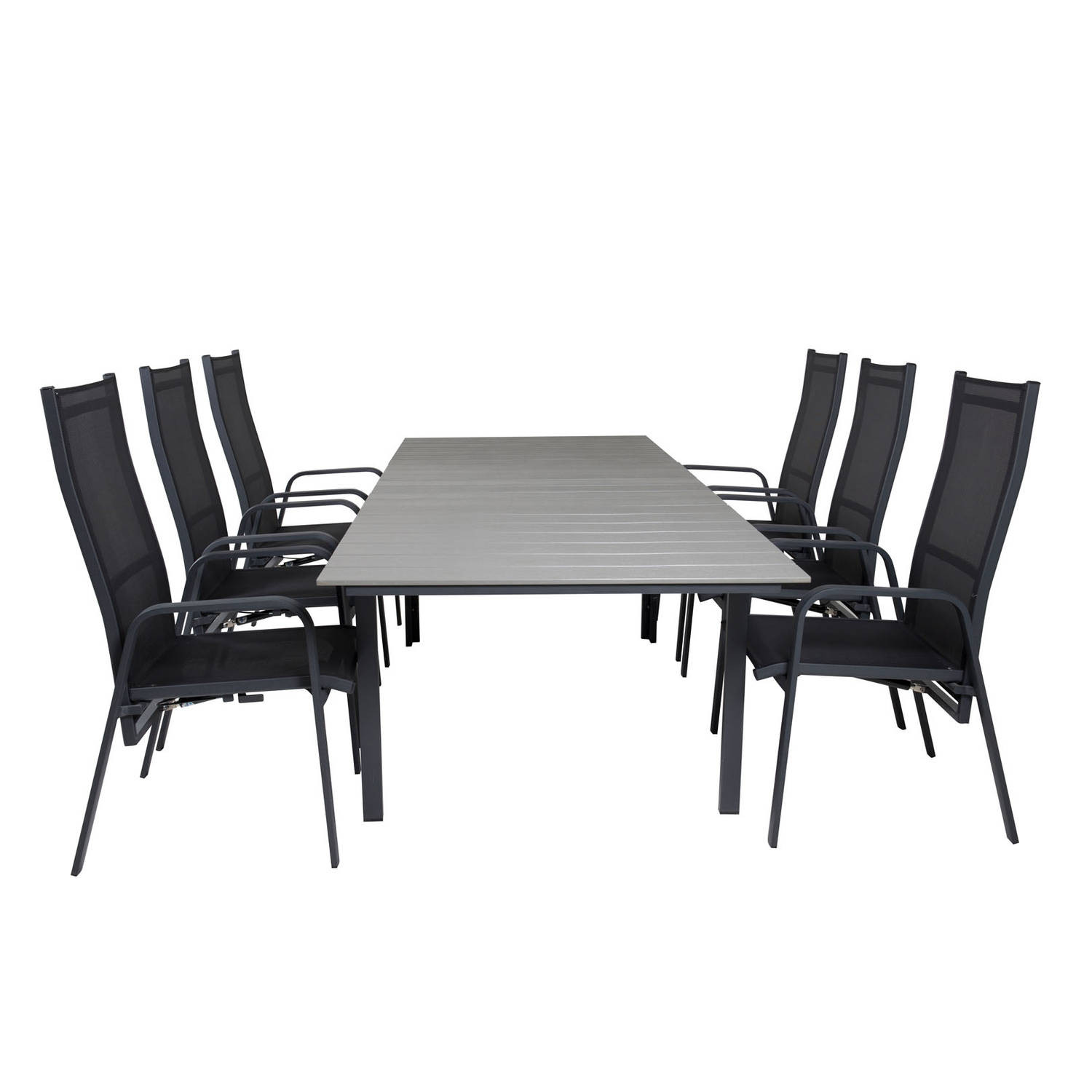 Levels tuinmeubelset tafel 100x160/240cm en 6 stoel Copacabana zwart, grijs.