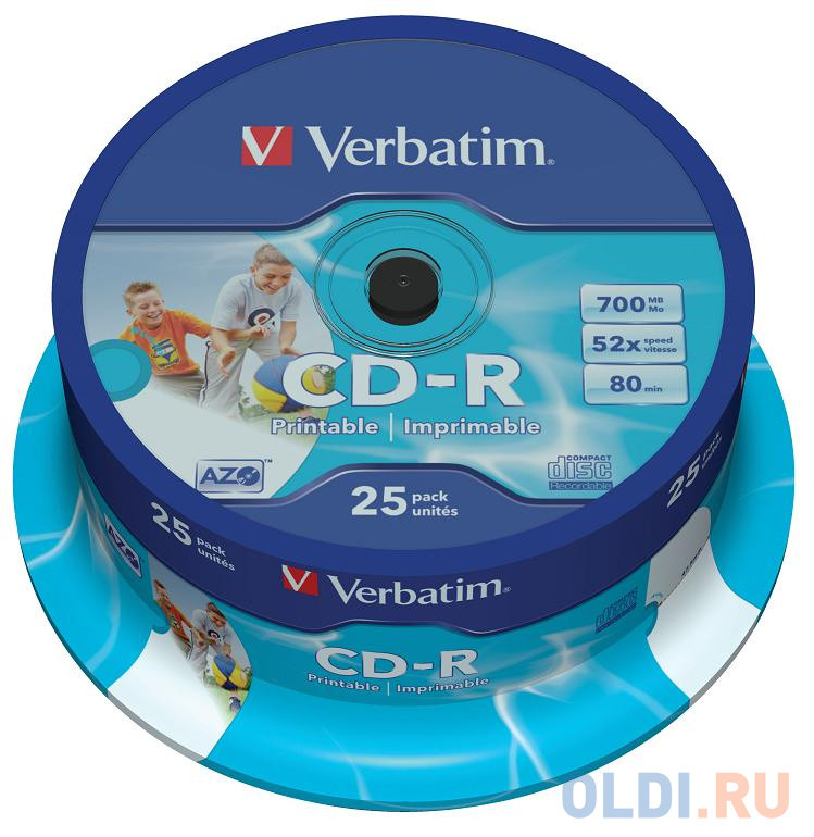 Диски CD-R 80min 700Mb Verbatim  52x  25 шт  Cake Box  DL, Printable  &lt;43439&gt;