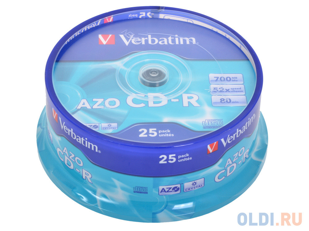 Диски CD-R 80min 700Mb Verbatim  52x  25 шт  Cake Box  Crystal AZO  &lt;43352&gt;