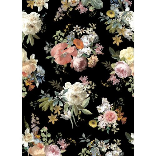 Estahome Fotobehang Vintage Bloemen Multicolor Op Zwart - 200 X 279 Cm - 159218