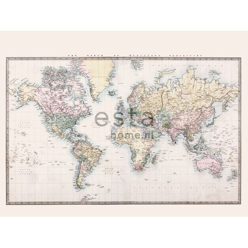 Estahome Fotobehang Vintage Map Of The World Beige, Pastel Geel, Poederroze En Groen