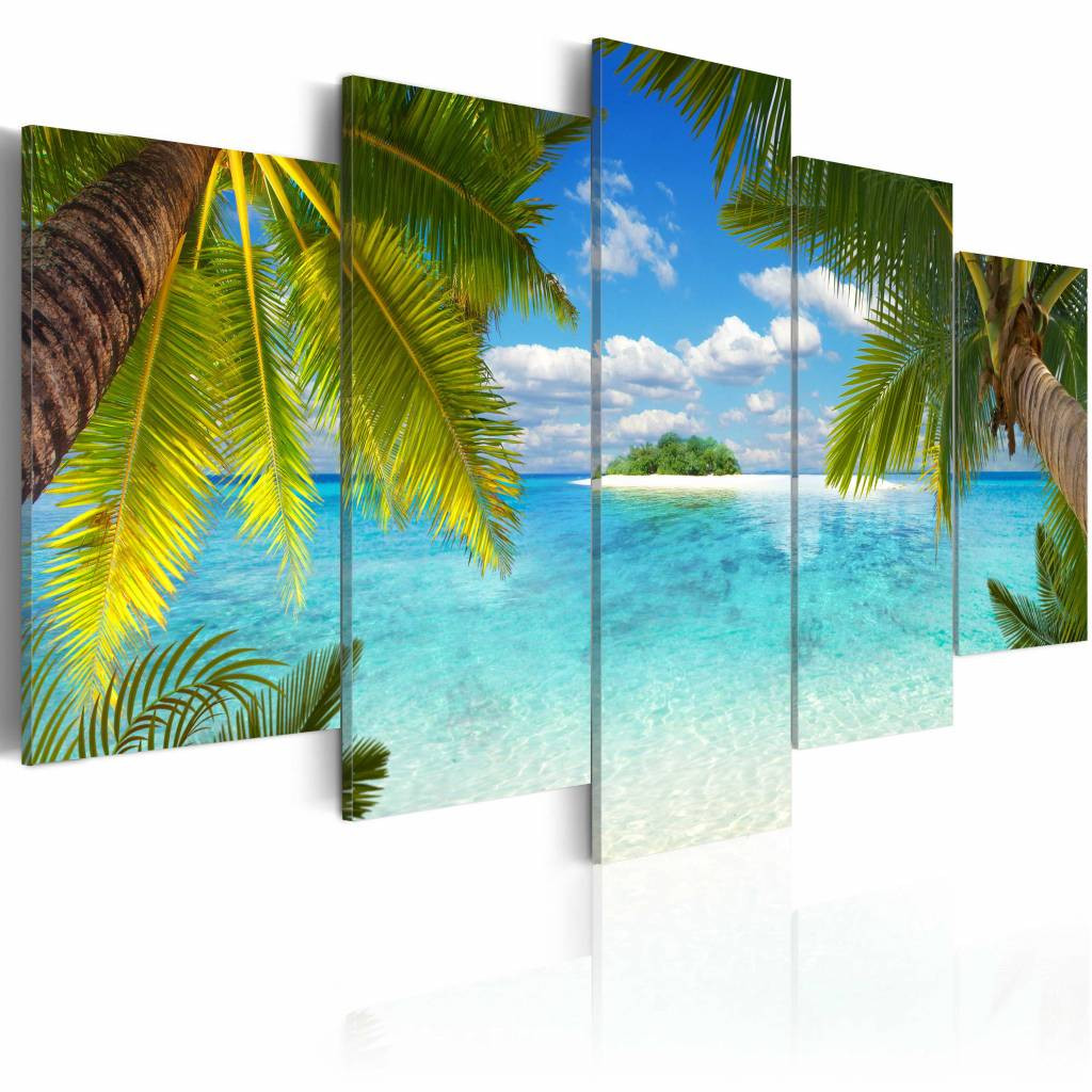 Schilderij - Paradijs Eiland, Blauw/Groen, 5luik , wanddecoratie , premium print op canvas
