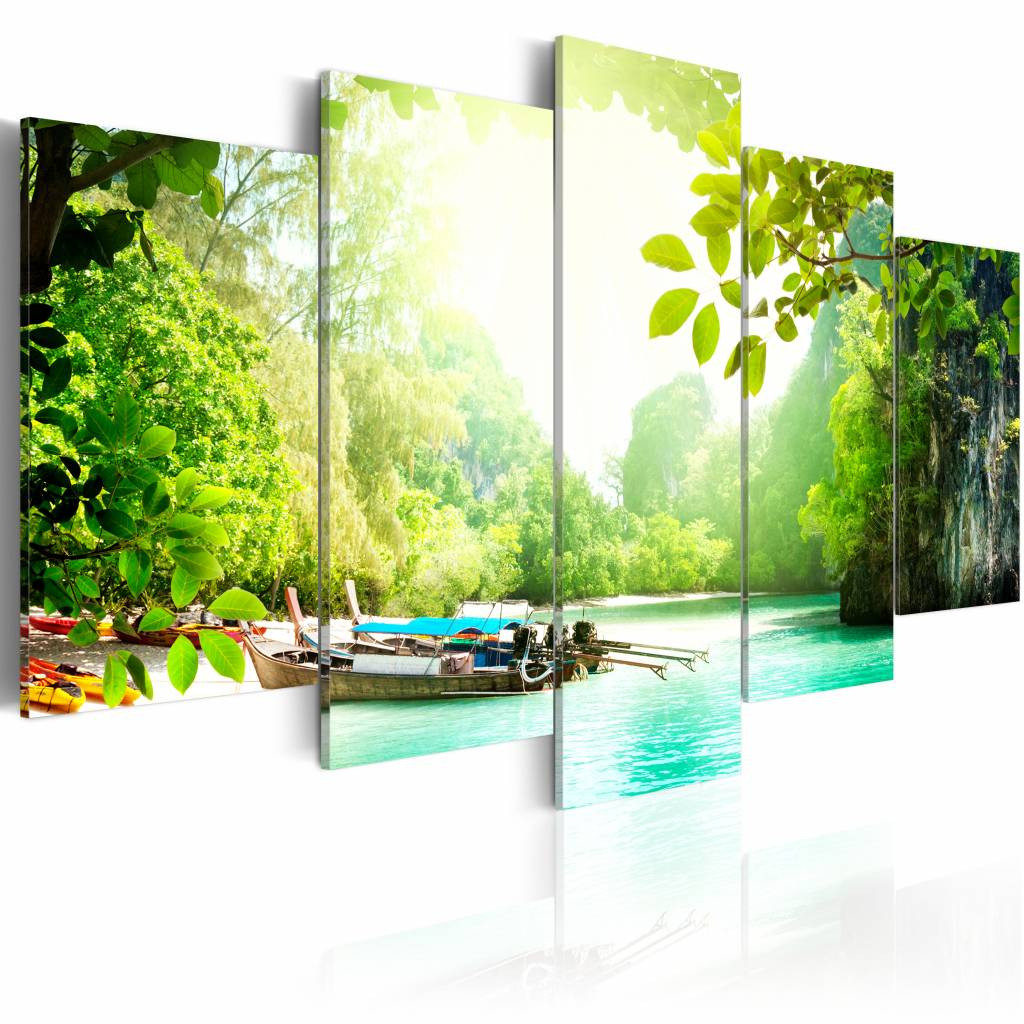 Schilderij - Het Meer, 5luik , groen blauw , wanddecoratie , premium print op canvas