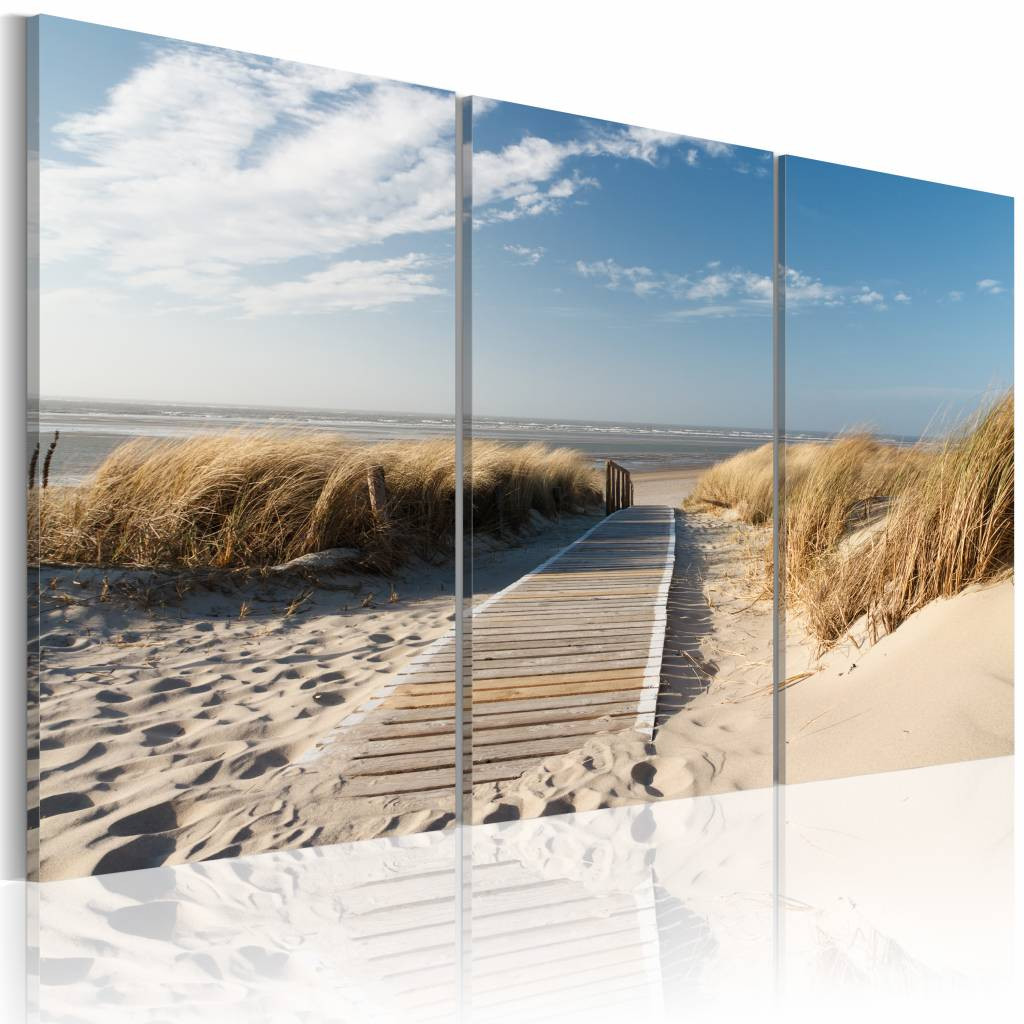 Schilderij - Uitzicht op Noordzee, 3luik , beige blauw , wanddecoratie , premium print op canvas