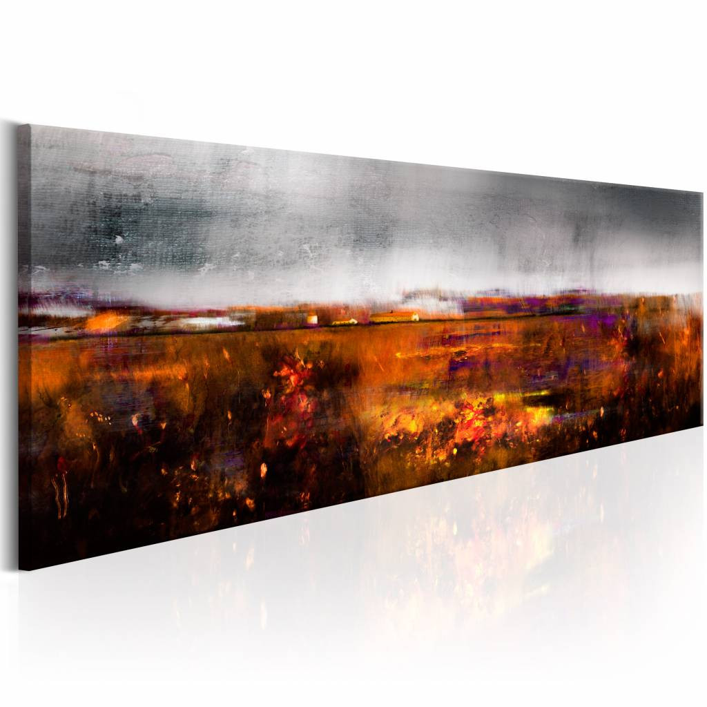Schilderij - Herfst Veld , rood grijs , wanddecoratie , premium print op canvas