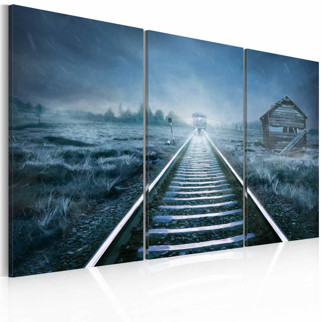 Schilderij - Reis in de Mist, Blauw, 3luik , wanddecoratie , premium print op canvas