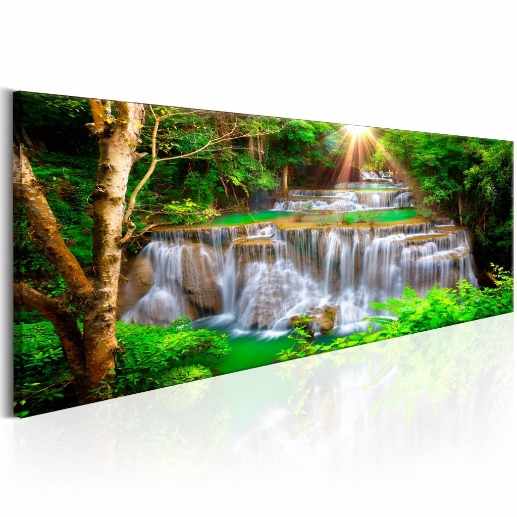 Schilderij - Waterval - Panorama, groen/bruin, premium print op canvas, 1 deel