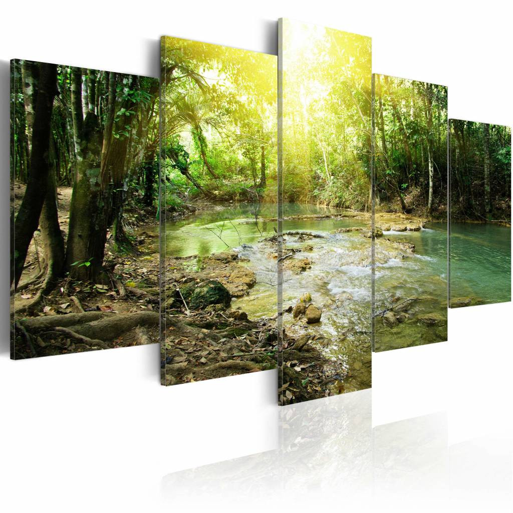 Schilderij - Rivier door het bos, 5luik, groen/bruin , premium print op canvas