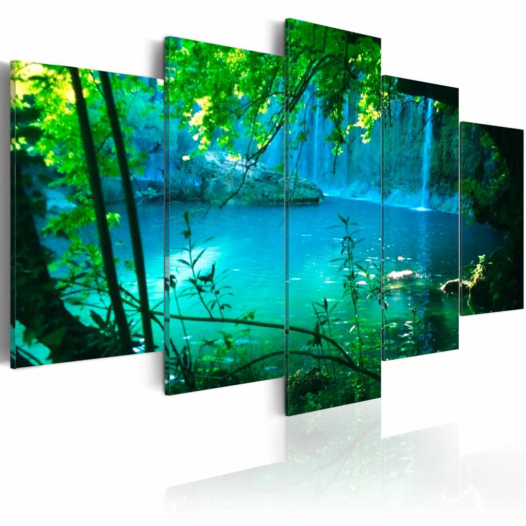 Schilderij - Afzondering in Turquoise - Bos, 5luik , groen blauw , premium print op canvas