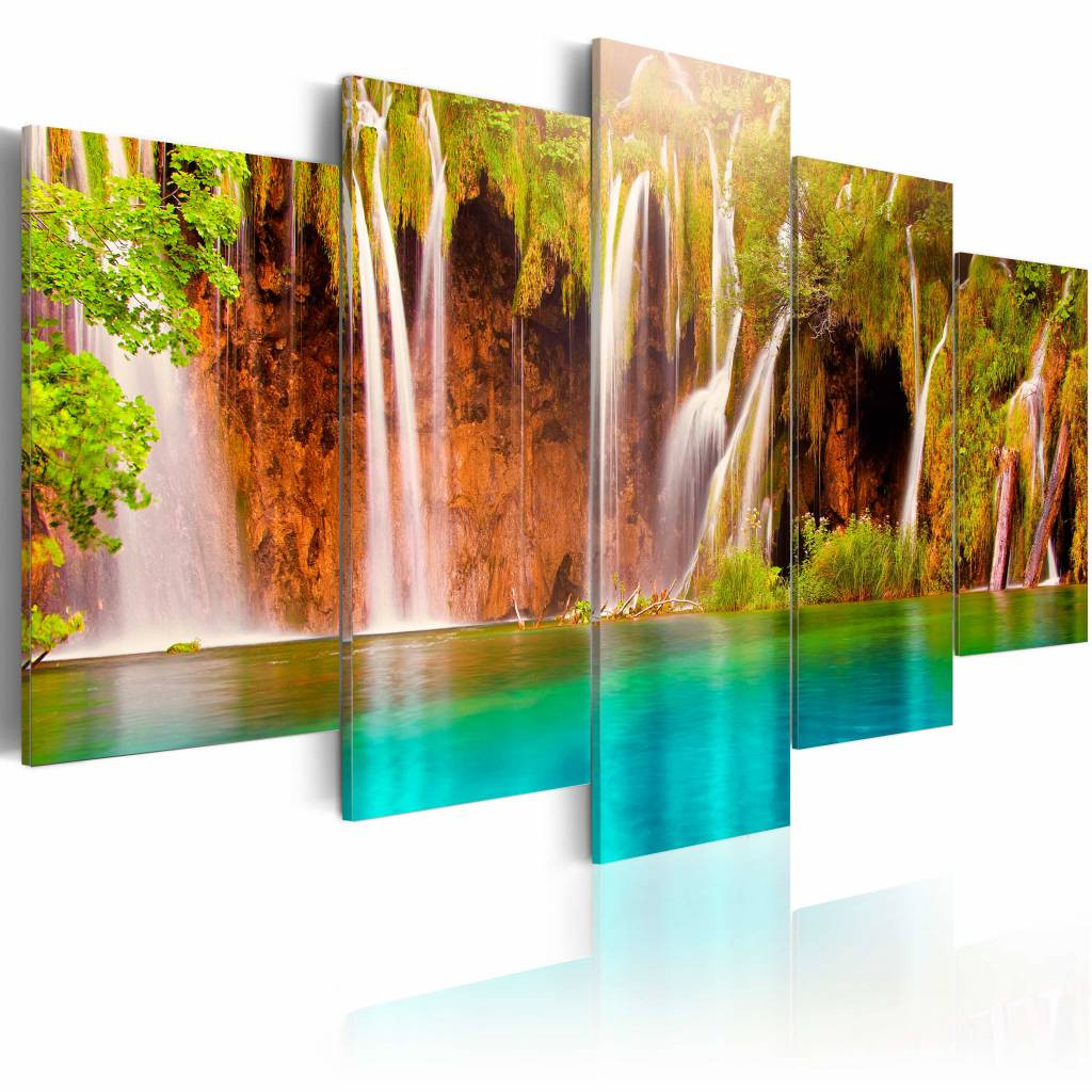 Schilderij - Prachtige Waterval, Groen/Blauw/Bruin, 5luik , premium print op canvas