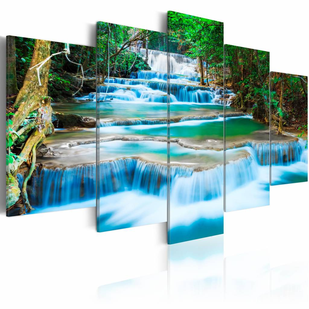 Schilderij - Blauwe Waterval in Kanchanaburi - Thailand, 5luik , groen , premium print op canvas