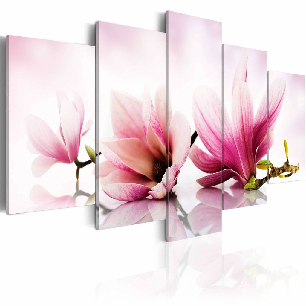 Schilderij - Magnolia: roze bloemen , 5 luik
