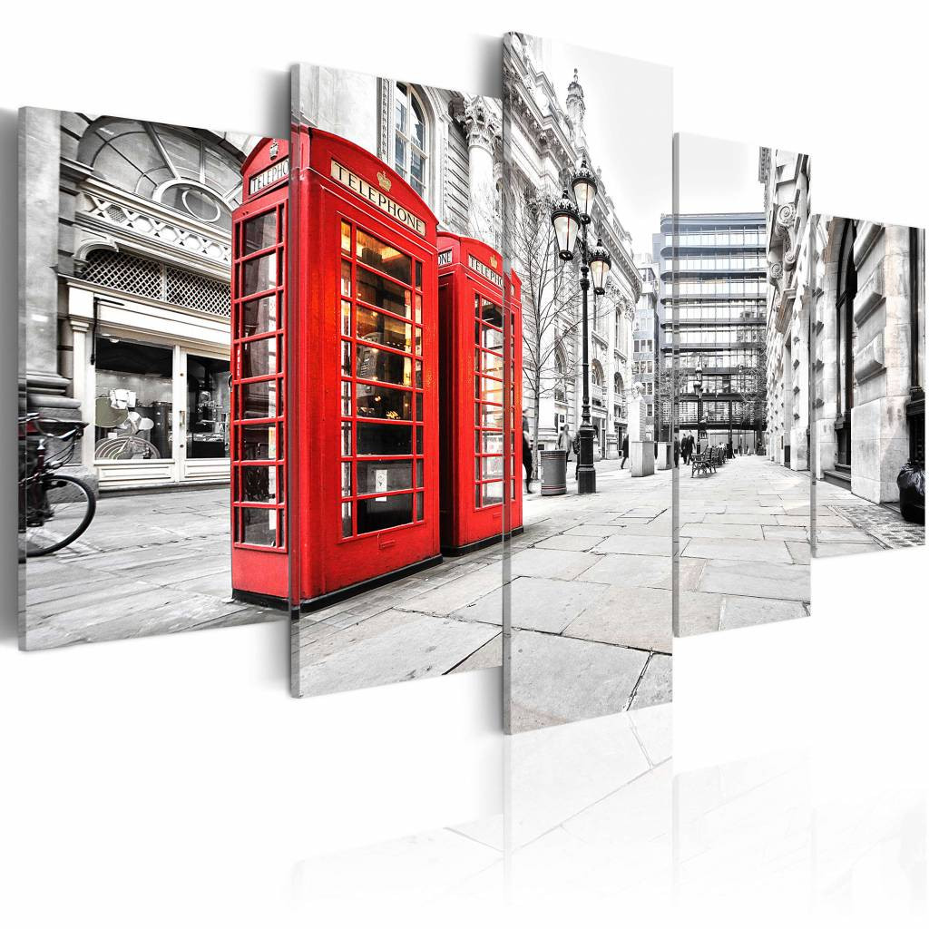Schilderij - Straat in Londen, Rood/Zwart-Wit, 5luik, premium print