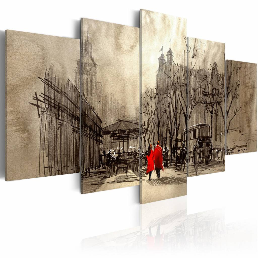 Schilderij - Romantische wandeling, 5 luik, Beige/Zwart/Rood, 2 maten, Premium print