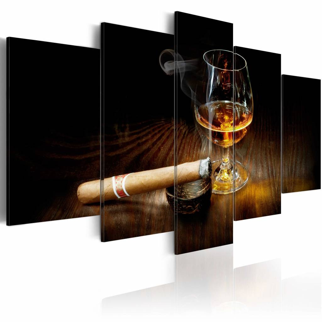Schilderij - Moment of glory, sigaar en drankje, 5 luik, Zwart/Bruin, 2 maten, Premium print