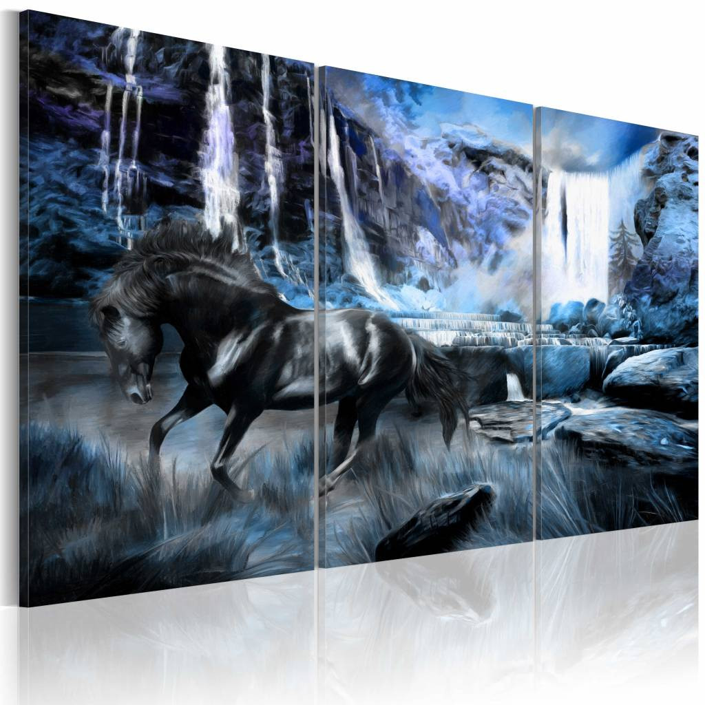 Schilderij - Zwart Paard voor Waterval II, zwart/blauw, Wanddecoratie , premium print, 3luik