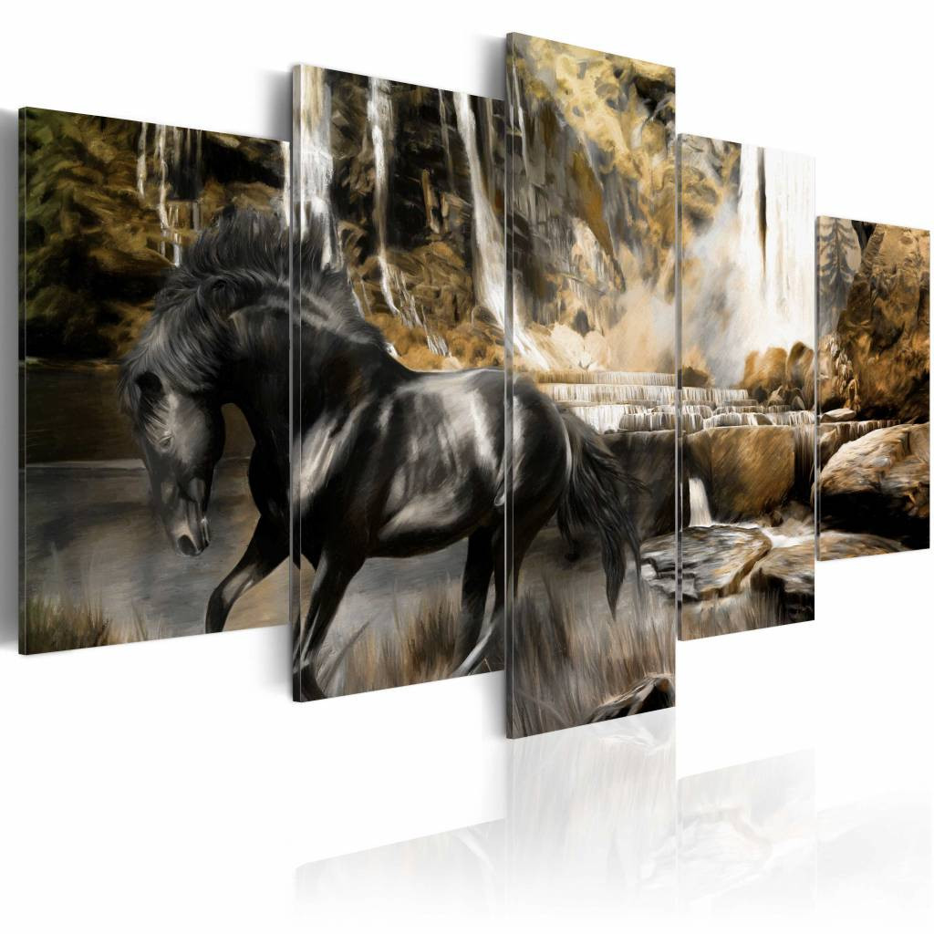Schilderij - Zwart Paard voor Waterval III, zwart/geel,Wanddecoratie , premium print , 5luik
