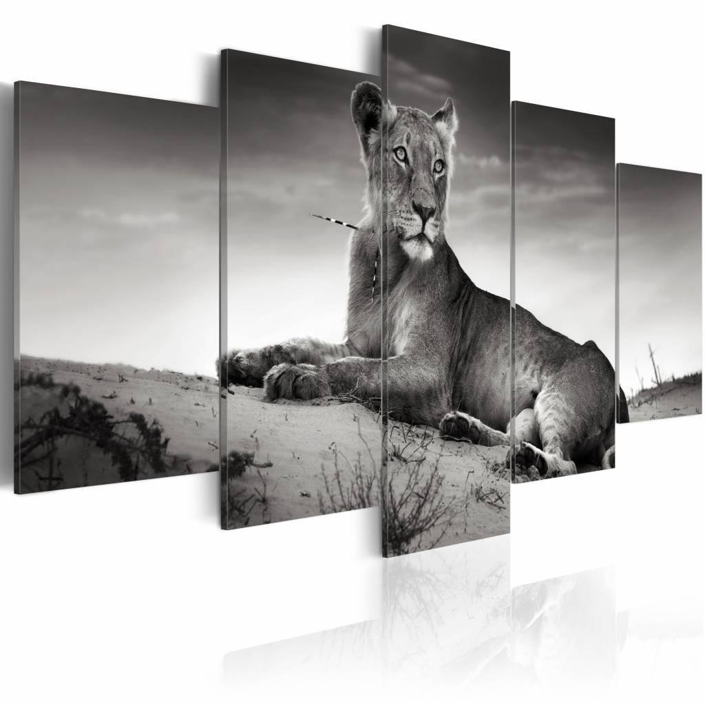 Schilderij - Leeuwin in de Woestijn, Zwart/Wit, wanddecoratie, Print op Canvas , 5luik