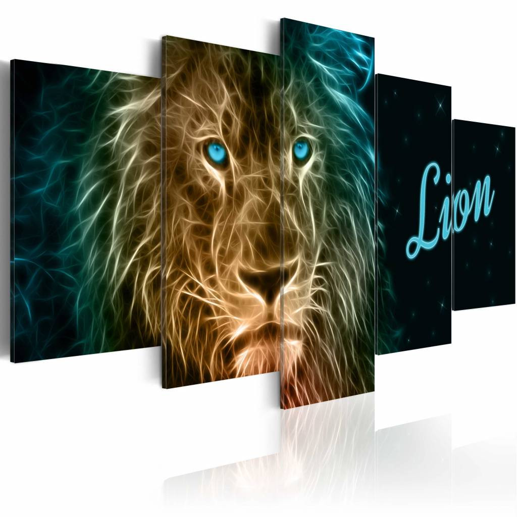 Schilderij - Lion, leeuw, met tekst, print op canvas, wanddecoratie, 5luik