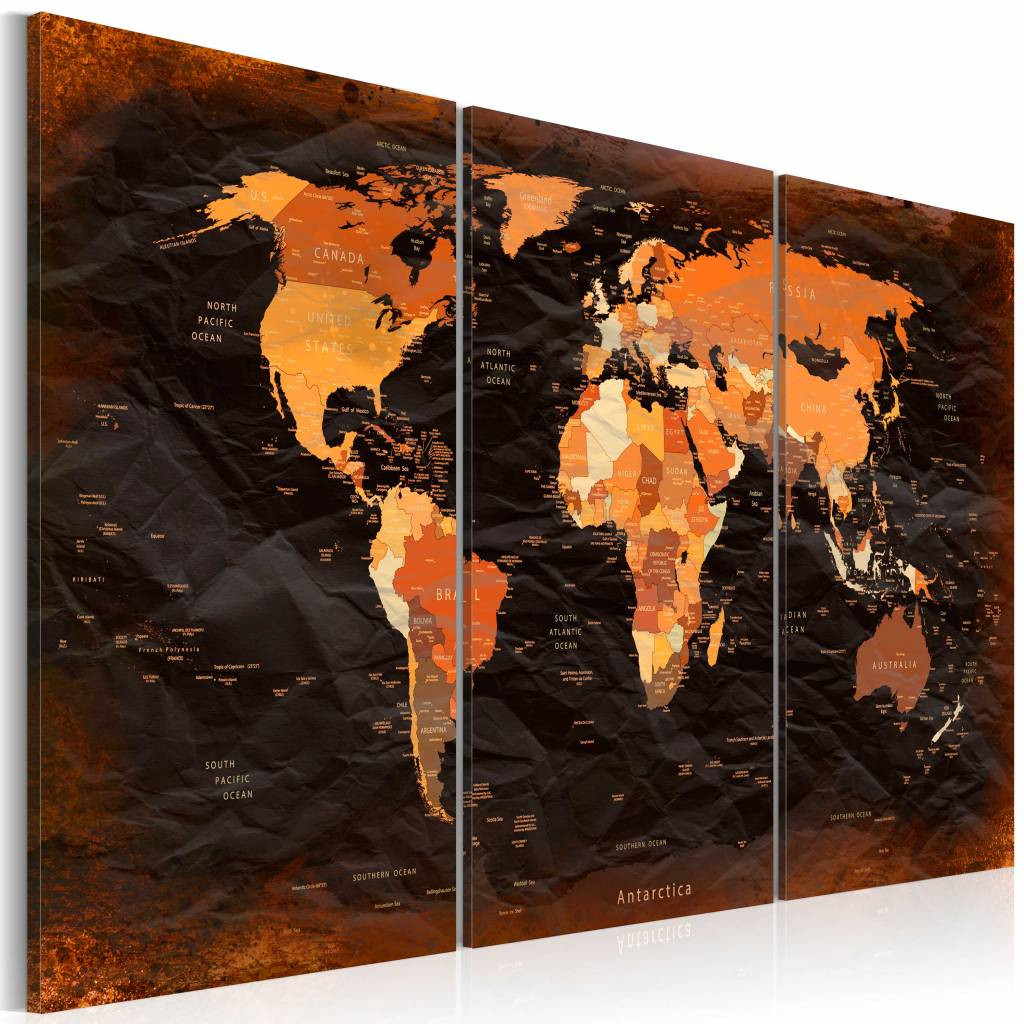Schilderij - Wereldkaart - Gedetailleerd , 3luik , oranje bruin ,wanddecoratie , premium print op canvas