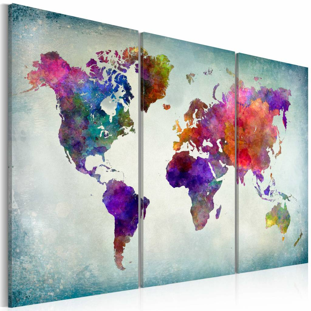 Schilderij - Wereldkaart - Wereld in Kleuren, 3luik , multikleur , wanddecoratie , premium print op canvas