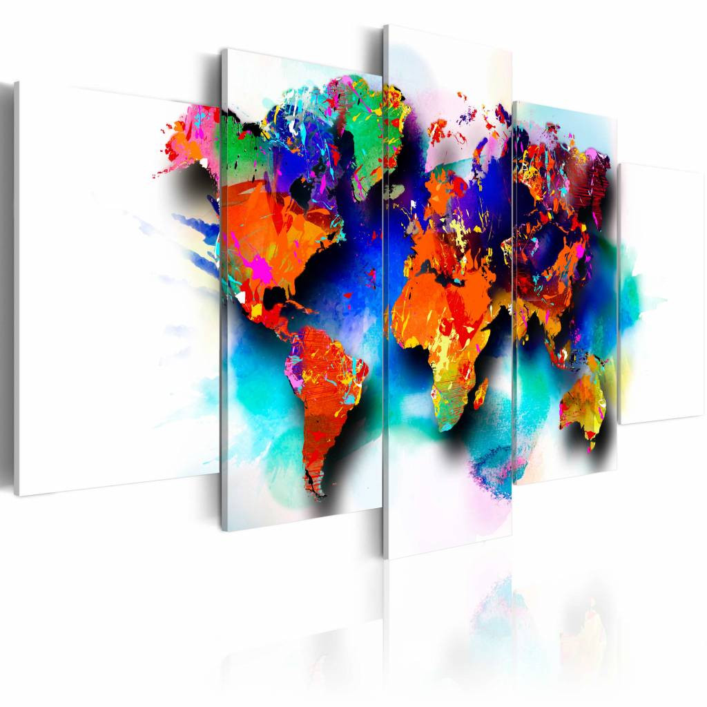 Schilderij - Wereldkaart - Pittoreske Wereld, 5luik , multikleur , wanddecoratie , premium print op canvas