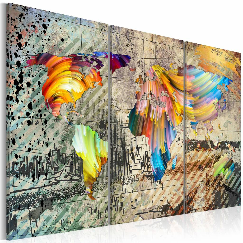 Schilderij - Wereldkaart - Wereld vol Kleur, Multi-gekleurd, 3luik , wanddecoratie , premium print op canvas