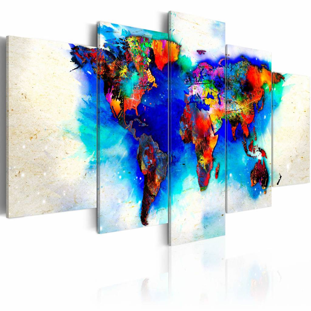 Schilderij - Wereldkaart- Gekleurde Wereld, Multi-gekleurd, 5luik , wanddecoratie , premium print op canvas