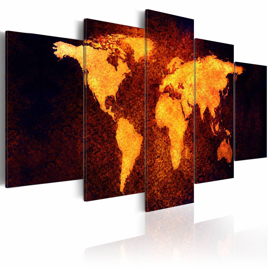 Schilderij - Wereldkaart - Hete lava, 5luik , oranje bruin , wanddecoratie , premium print op canvas
