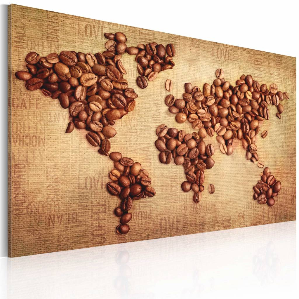 Schilderij - Wereldkaart - Wereldse Koffie, Bruin, 1luik , wanddecoratie , premium print op canvas