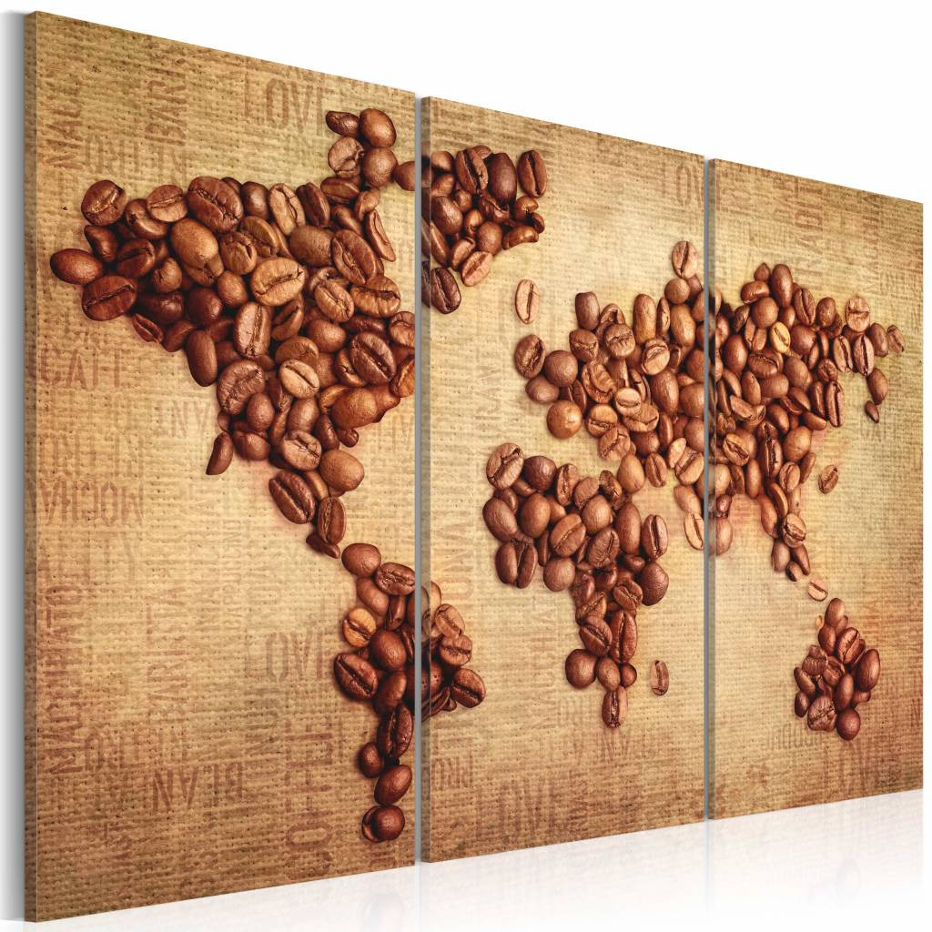 Schilderij - Wereldkaart - Wereldse Koffie II, 3luik , wanddecoratie , premium print op canvas