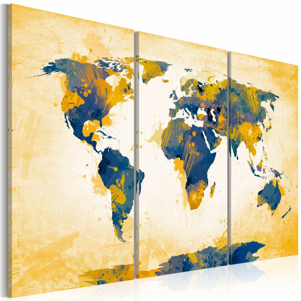 Schilderij - Wereldkaart - Wereld in Geel en Blauw II, 3luik , wanddecoratie , premium print op canvas