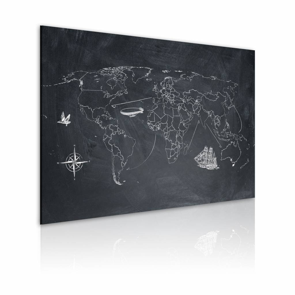 Schilderij - Wereldkaart - Reis rond de Wereld, Krijtbord Look, Zwart-Wit , wanddecoratie , premium print op canvas
