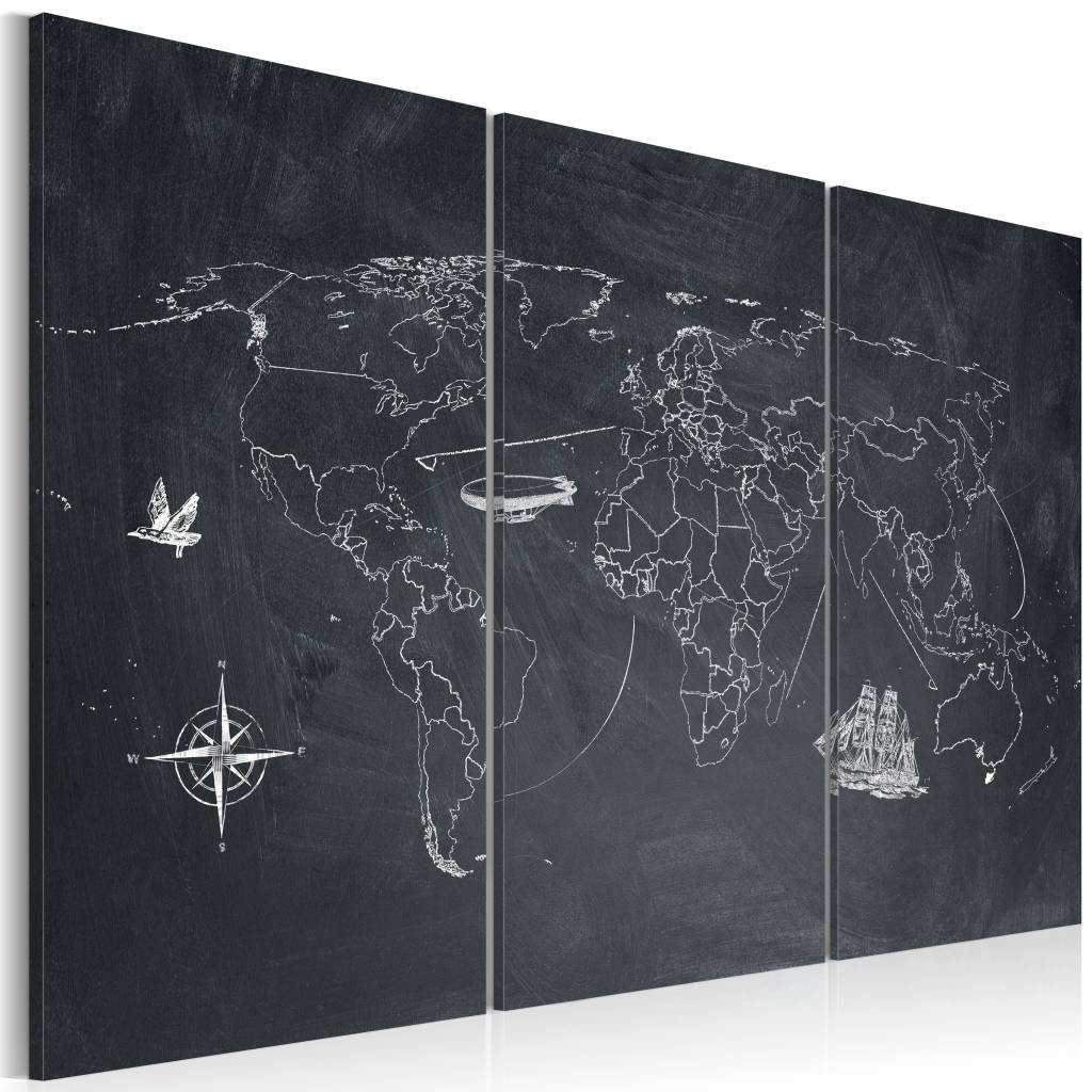 Schilderij - Wereldkaart - Reis rond de Wereld, Krijtbord Look, Zwart-Wit, 3luik ,premium print op canvas