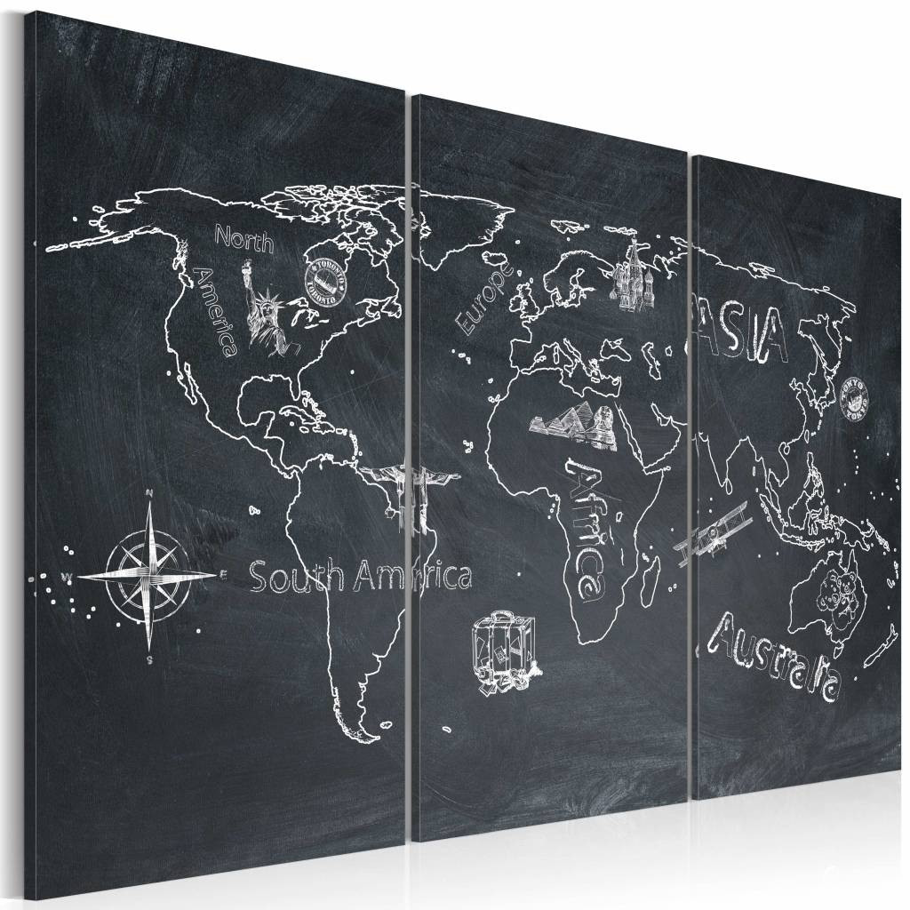 Schilderij - Wereldkaart - Reizen verruimt de Geest, Krijtbord Look, Zwart-Wit, 3luik , premium print op canvas