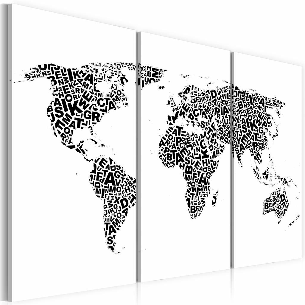 Schilderij - Wereldkaart - Alfabet, Zwart-Wit, 3luik , premium print op canvas