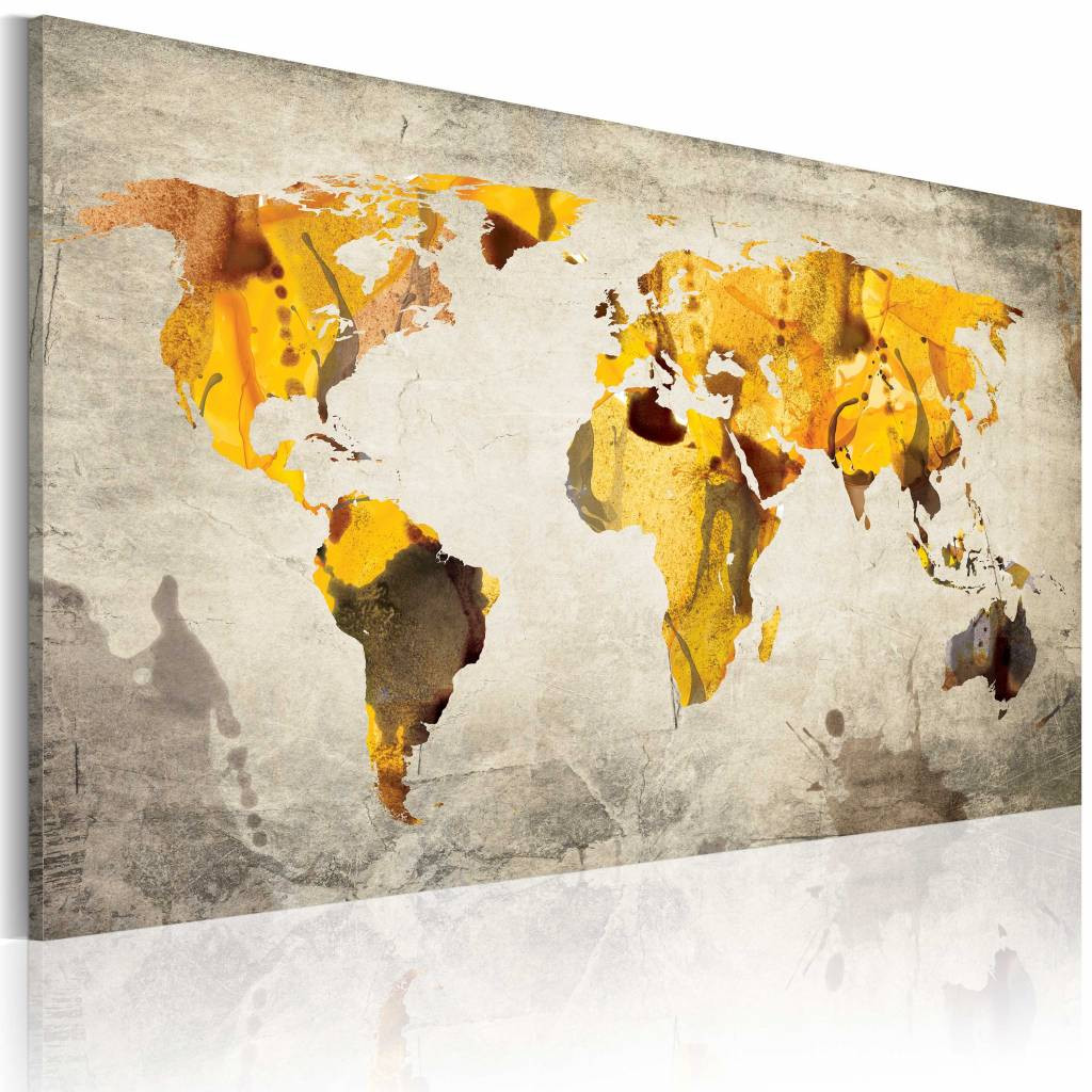 Schilderij - Wereldkaart - Zonnige Continenten, Geel/Grijs , premium print op canvas